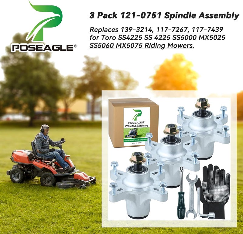 POSEAGLE 3 Pack 121-0751 Spindle Assembly Replaces 139-3214, 117-7267, 117-7439 for Toro SS4225 SS 4225 SS5000 MX5025 SS5060 MX5075 Riding Mowers - Image 2